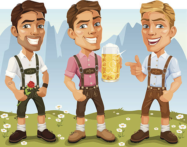 illustrazioni stock, clip art, cartoni animati e icone di tendenza di giovane oktoberfest bavarese fumetto di uomo indossando costume tirolese, bere birra - leder hosen