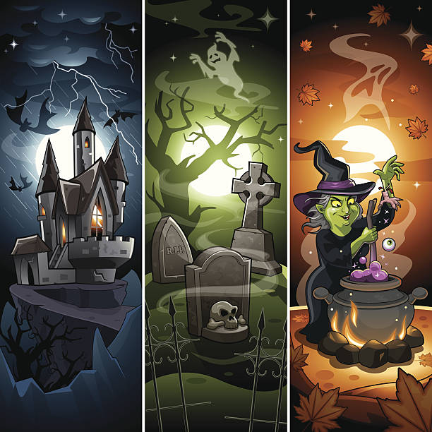 ilustrações, clipart, desenhos animados e ícones de quadrinhos desenhos halloween banner com draculas castelo, assustador cemitério, a bruxa - halloween castle cartoon backgrounds