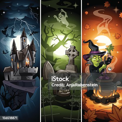 istock Comic Cartoon Halloween Banner with Draculas Castle, Scary Graveyard, Witch 156518871