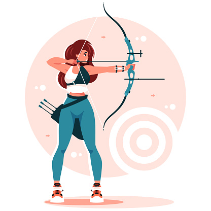 Female archer is pulling the bow and ready to shoot. Vector illustration