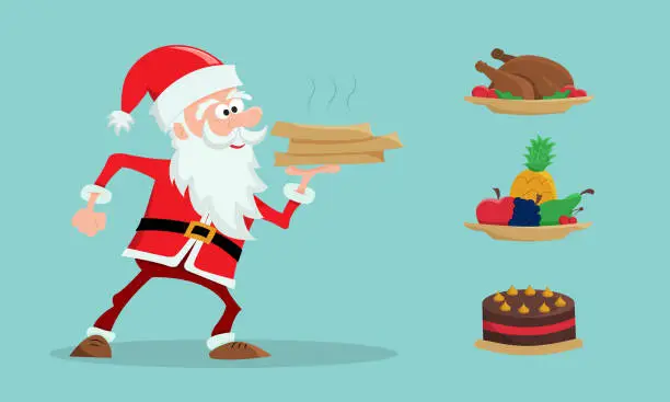Vector illustration of Christmas Santa Claus delivery boy delivers pizza or other food. Set constructor where you can replace the delivery product - fast food, fruit, confectionery. Flat vector illustration.