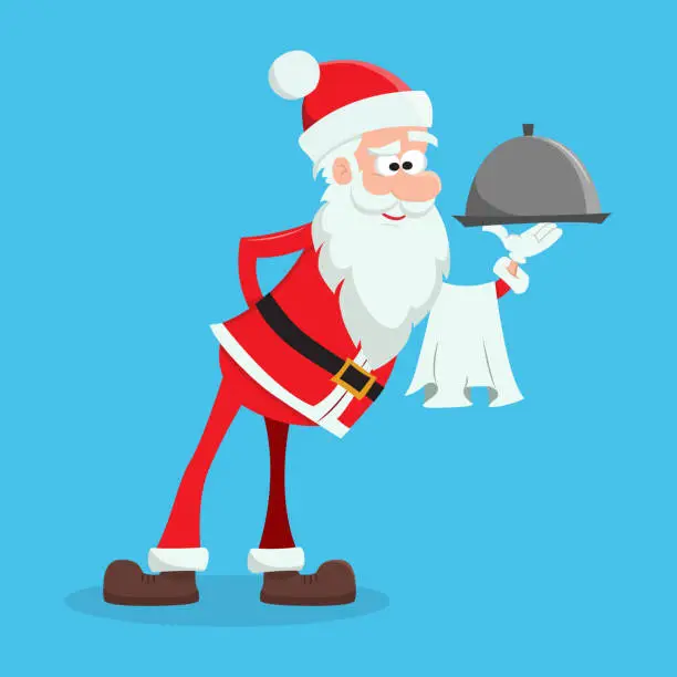 Vector illustration of Santa Claus the waiter brought the order. Cute Christmas Santa brought tray and towel. Flat vector illustration.