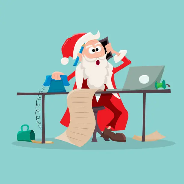 Vector illustration of Santa sits at his desk and takes calls and orders. Santa Claus's desk. Christmas illustration where Santa is processing letters with wishes. Flat vector illustration.