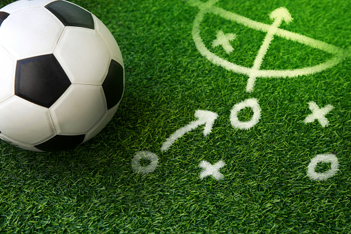 Soccer ball on field green grass with tactic diagram; Football manager strategy; Football game tactical analysis concept