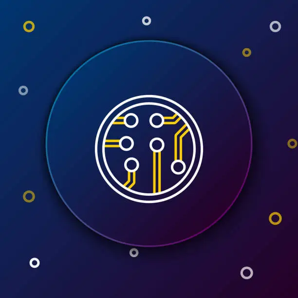 Vector illustration of Line Processor icon isolated on blue background. CPU, central processing unit, microchip, microcircuit, computer processor, chip. Colorful outline concept. Vector