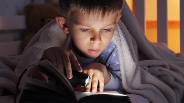 Closeup of boy holding flashlight reading book in bed. Children education, development, secrecy, privacy, reading books