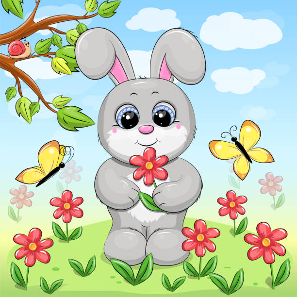 ilustraciones, imágenes clip art, dibujos animados e iconos de stock de lindo conejo gris de dibujos animados en la naturaleza. - rabbit baby rabbit hare standing