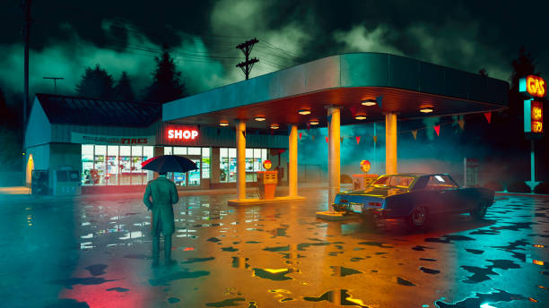 istock Retro Gas Station at Open at Night with Neon Sign 1565254852
