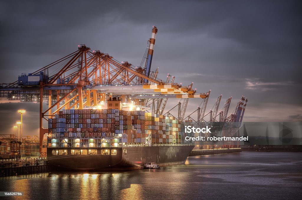 Harbor Container harbor in Hamburg Germany. Night shoot. Harbor Stock Photo