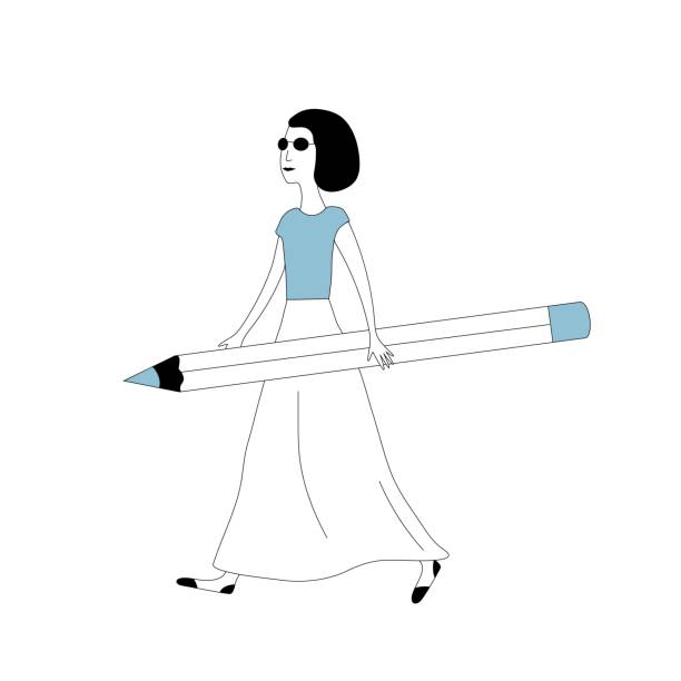 istock Girl with a pencil minimalistic outline illustration, simple character in solid colors on a white background 1565260701
