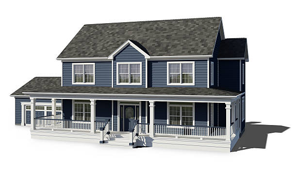 Two Story House - Blue Two Story House on white background. Blue siding, black shingles, white trim. High resolution and detailed. siding building feature photos stock pictures, royalty-free photos & images