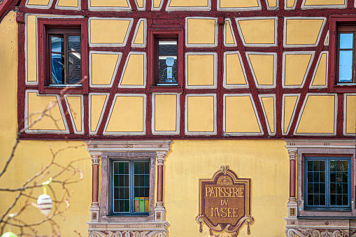 Colmar, Alsace: Facade of one traditional Alsatian house located in a medieval building with typical architecture of the area in old town.