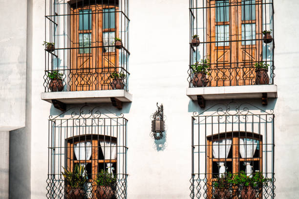 Four symmetric balcony wooden window doors secured with iron bars for safety with potted plans