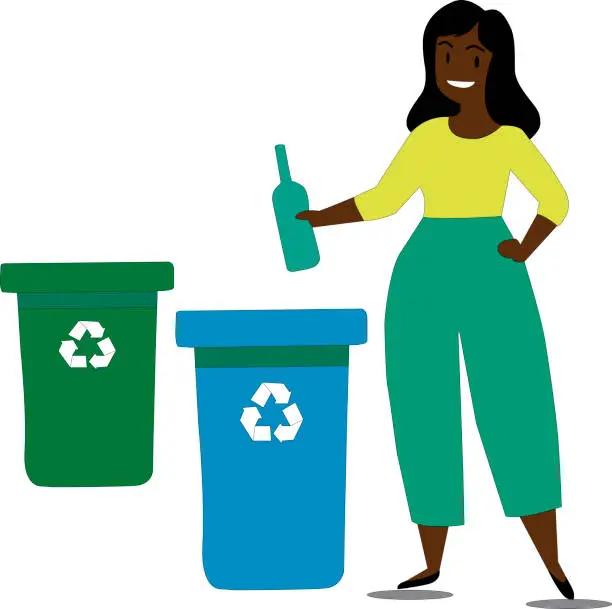 Vector illustration of Illustration of a woman taking a plastic bottle to the correct garbage container so that she can recycle it