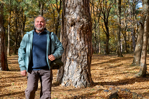 Mature bearded traveler man has hiking in autumn forest. Walking in fall nature for exercise and fitness for wellness and healthy lifestyle. Freedom and unity with nature.