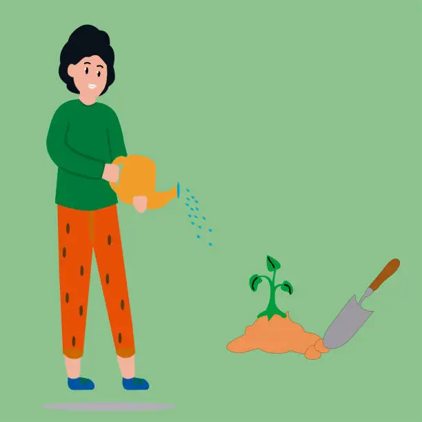 Vector illustration of Illustration of a woman watering her plants and thus helping the environment