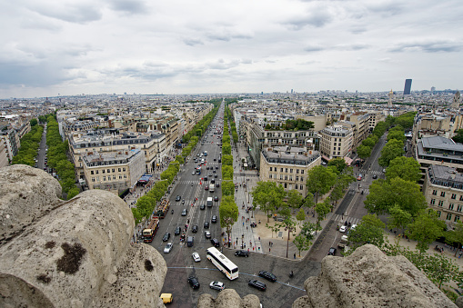 France, Paris, 6 JULY 2023 View of Paris Street, looking from top of Arc de Triomphe