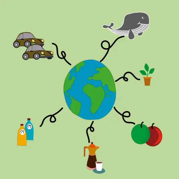 Vector illustration of illustration of the planet earth surrounded by plants, animals, cars and food as a symbol of the awareness that we must have about the planet