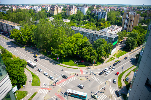 Top Down Aerial View of Cars Driving Through Intersection at Osijek, Croatia