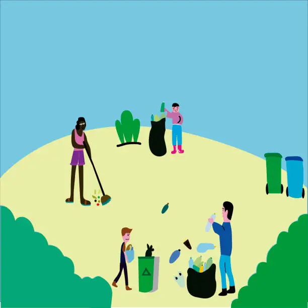 Vector illustration of illustration of united people recycling together and collecting garbage to help the planet