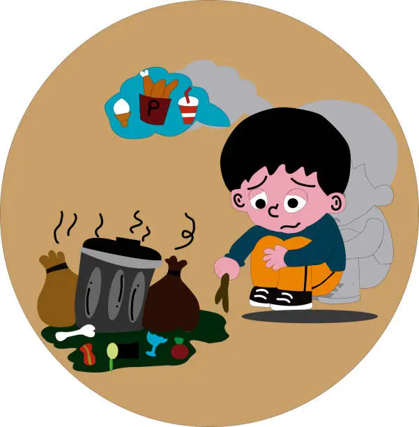Vector illustration of illustration of a sad boy next to a garbage can eating food thrown away by others while imagining tasty food