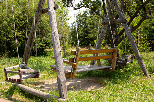 An empty wooden swing hangs on a rope in a park among the trees. Calm relaxing beautiful view