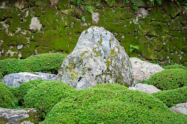 Japanese rock garden with weathered wall.
