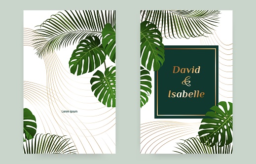 Summer tropic border, wedding invitation cards. Plant beach posters, palm leaf and golden lines, nature spring party, fashion botanic jungles frame set. Luxury cover with foliage. Vector background