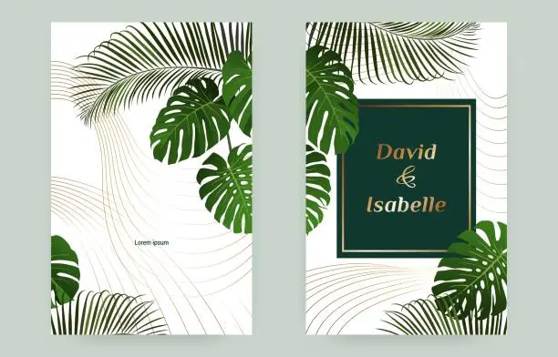 Vector illustration of Summer tropic border, wedding invitation cards. Plant beach posters, palm leaf and golden lines, nature spring party, botanic jungles frame set. Luxury cover with foliage. Vector background