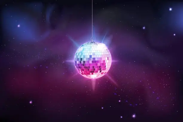 Vector illustration of Neon dance star, disco ball. Light night space, glow planet, fantasy music galaxy. Hanging discoball glowing. 3d isolated elements. DJ discotheque background. Vector illustration concept
