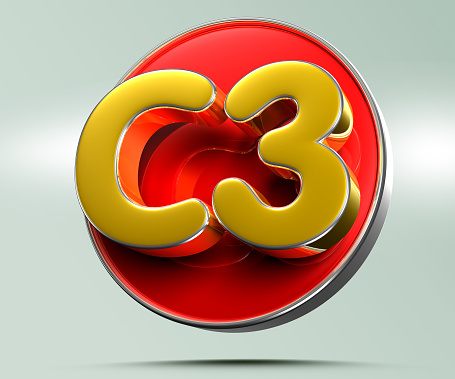 C3 gold on red circle 3D illustration on light gray background have work path. Advertising signs. Product design. Product sales. Product code.