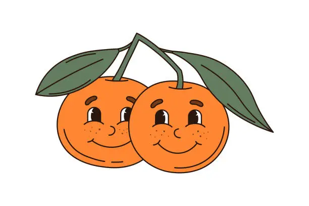 Vector illustration of Vector cartoon retro mascot calor illustration  orange tangerines. The clipart is isolated on a white background.