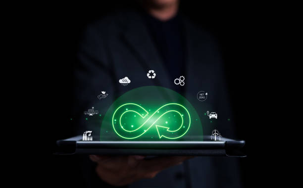 istock Businessman holding tablet with infinity symbol with circle economic environment icon floating and green light. Future sustainable investment growth, Reduce environmental pollution, sustainable energy 1565366898