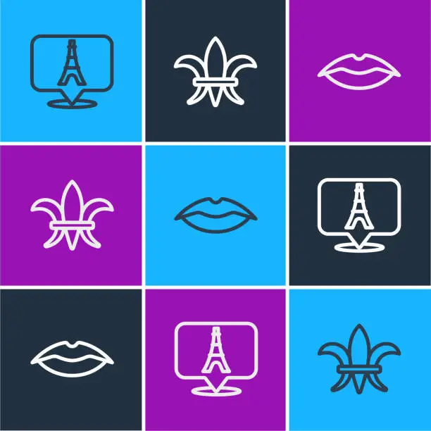 Vector illustration of Set line Eiffel tower, Smiling lips and Fleur De Lys icon. Vector