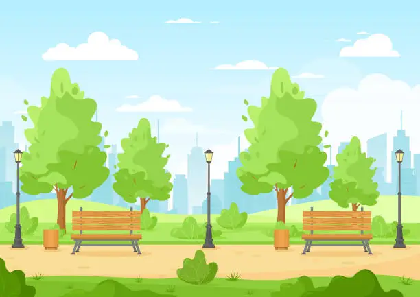 Vector illustration of city park with trees, bush
