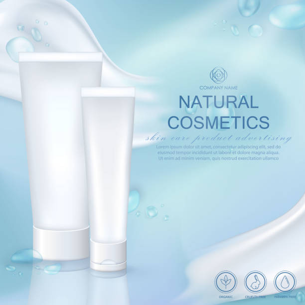 Banner with water drops, white cream smear and skin care product Template of ad banner with cosmetic skin care or spa product in matte tubes. Soft blue aqua advertising poster with realistic white cream smear, water drops and moisturizer packages with light effect skin care background stock illustrations
