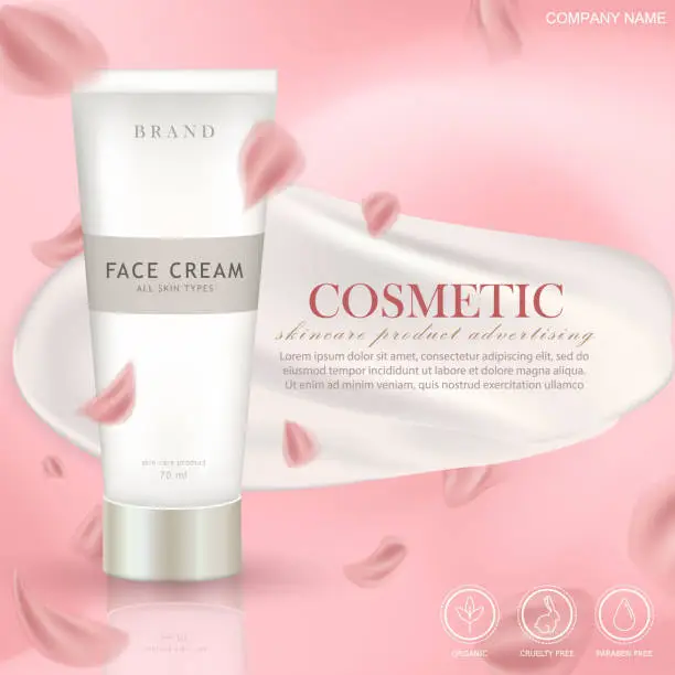 Vector illustration of Pink banner with skincare product, cream smear and flying rose petals