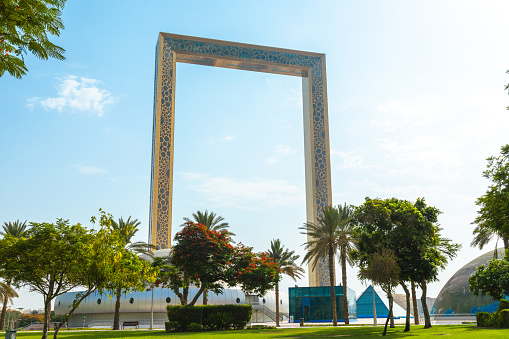 Dubai, United Arab Emirates - June 21, 2023: Dubai Frame in Zabeel Park in Dubai. The largest frame in the world.