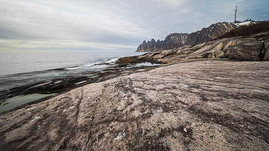 cloudy landscape from Tungeneset view point along the Senja scenic route with the view of the \