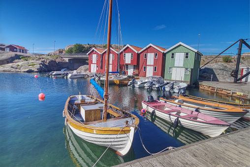 Boathouses and boats in Smögen, Sweden.