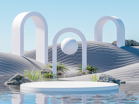 3d podium with copy space for product display presentation on sunset beach abstract background. Tropical summer and vacation concept. Graphic rendering illustration design.