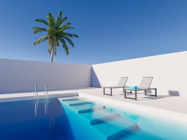 istock 3d illustration of swimming pool on sea view background. 1565467310