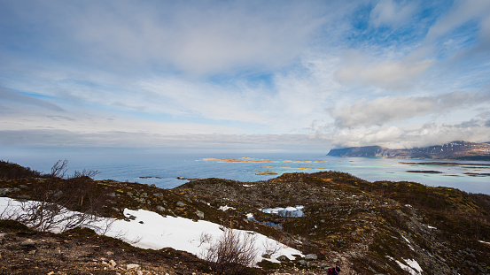 scenic view along the Sukkertoppen trail during a cloudy spring day, Senja Island, Norway
