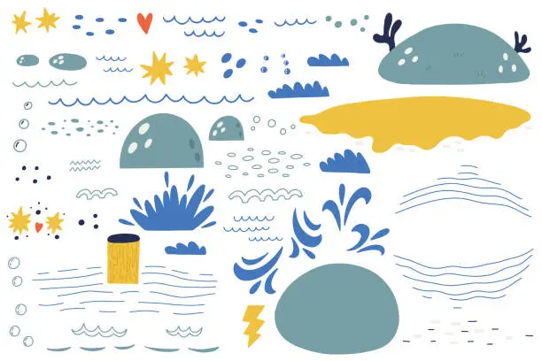 Vector illustration of Big set cute hand drawn sea decorative waves bubbles