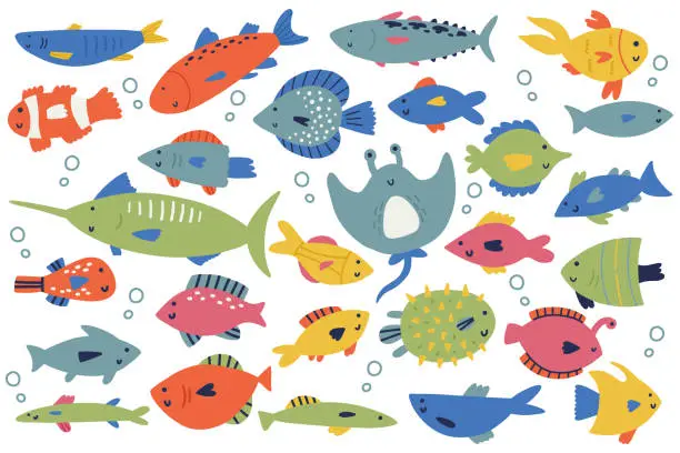 Vector illustration of Big set cute hand drawn sea creature fish