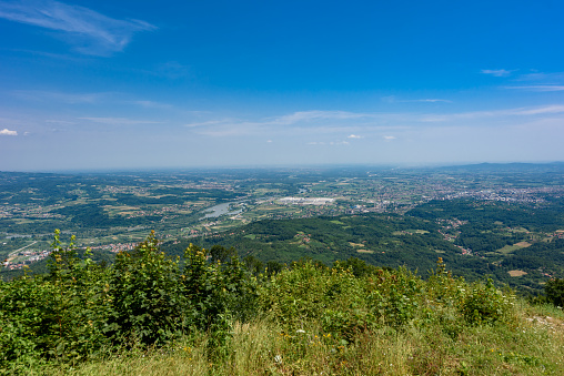 Loznica, Serbia July 11, 2023: Panorama of Loznica seen from the mountain Gucevo. City of Loznica in west Serbia aerial view.