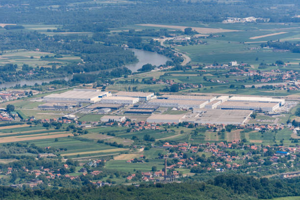 Panorama of Loznica seen from the mountain Gucevo. City of Loznica in west Serbia aerial view. Loznica, Serbia July 11, 2023: Panorama of Loznica seen from the mountain Gucevo. City of Loznica in west Serbia aerial view. undivided highway stock pictures, royalty-free photos & images