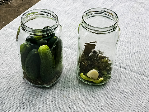 The process of pickling cucumbers for the winter in glass jars. Spices for salting are laid out in jars.