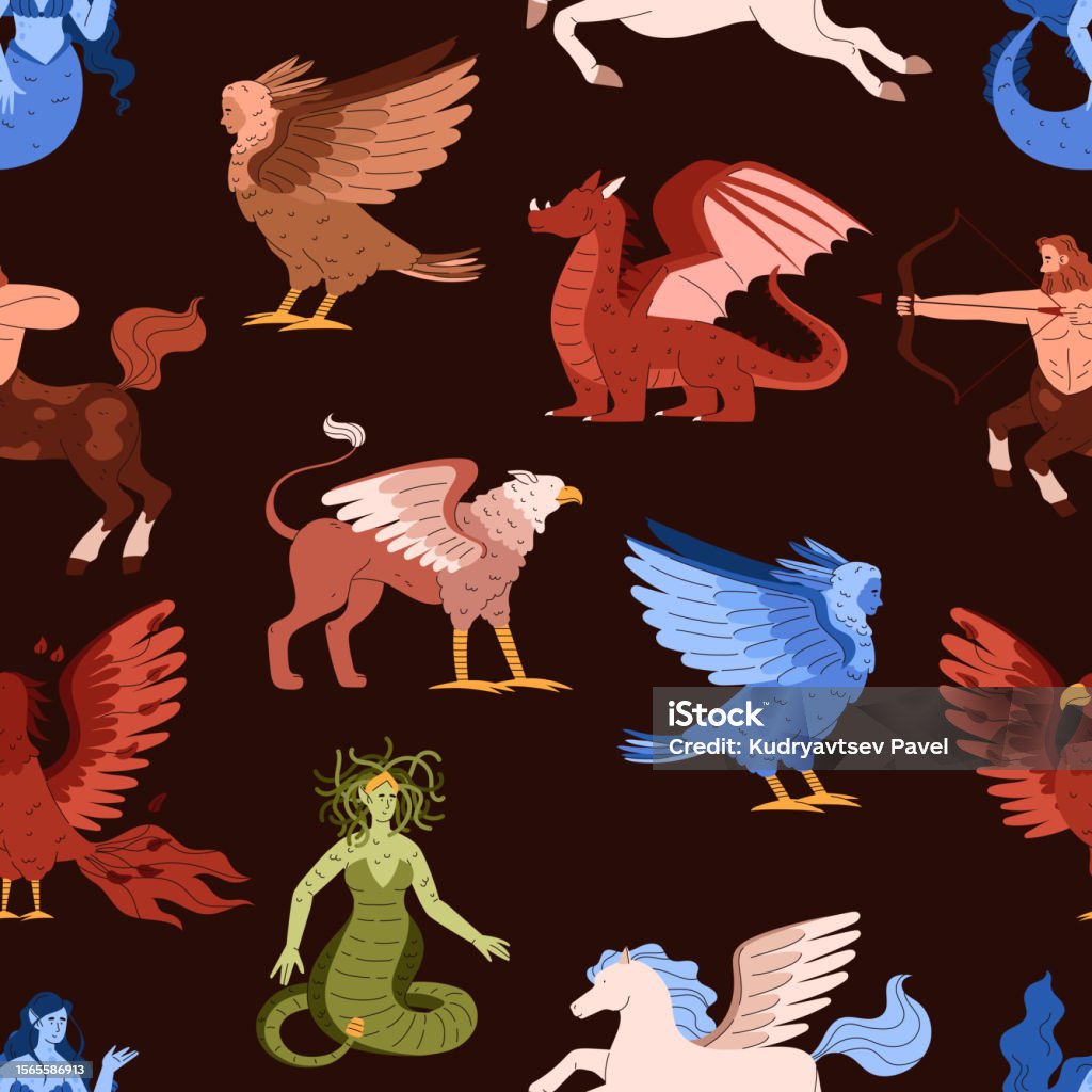 Mythical Creature Pattern Vector Seamless Pattern With Various Magical Mythical Creatures Cartoon ...