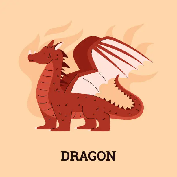 Vector illustration of Squared banner with red dragon flat style, vector illustration